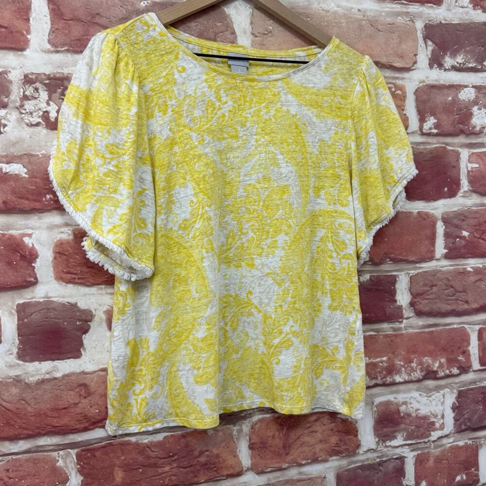 Chicos Top Shirt Womens Medium 1 Yellow White Boho Floral Fringe Petal Sleeves - Picture 2 of 8